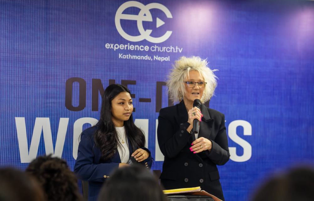 Lori Cummins speaking at a women's event in Kathmandu